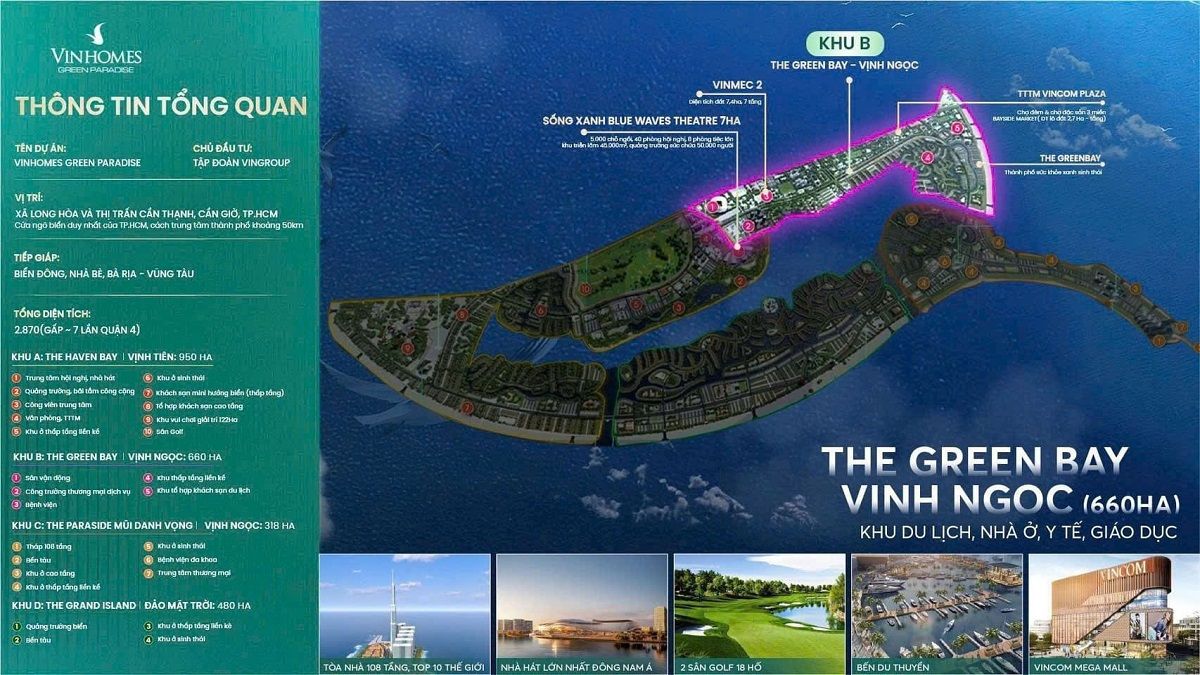 The Green Bay (Vịnh Ngọc), không gian sống toàn diện tại Vinhomes Cần Giờ, hội tụ đầy đủ tiện ích y tế, giáo dục, thương mại và nghỉ dưỡng.